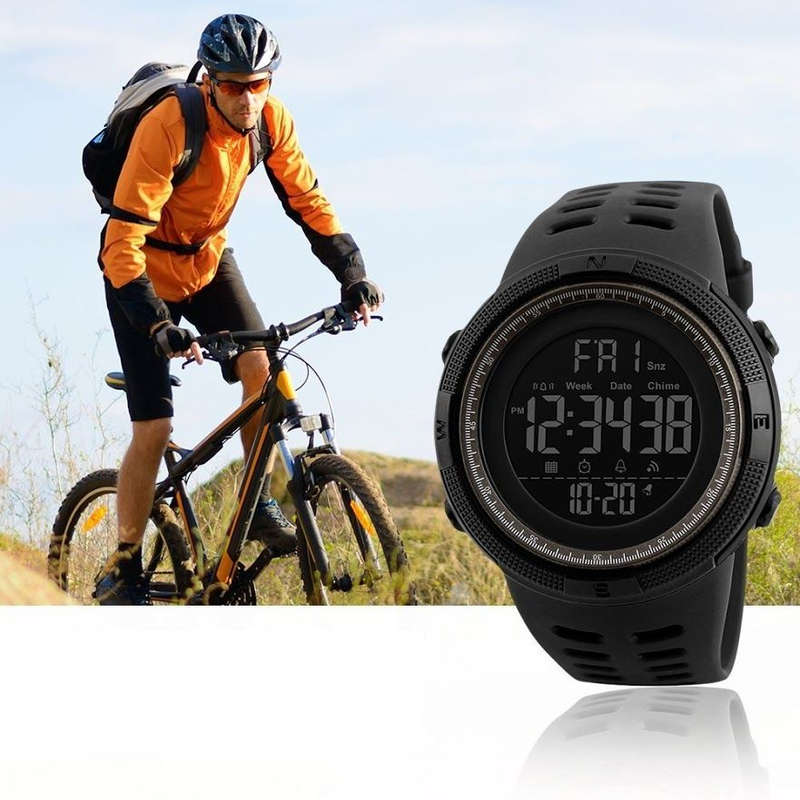 Mens Sport Waterproof Dual Time Watch Alarm Stopwatch - Black
