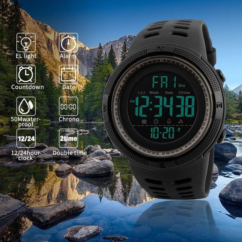 Mens Sport Waterproof Dual Time Watch Alarm Stopwatch - Black
