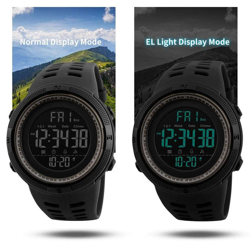 Mens Sport Waterproof Dual Time Watch Alarm Stopwatch - Black
