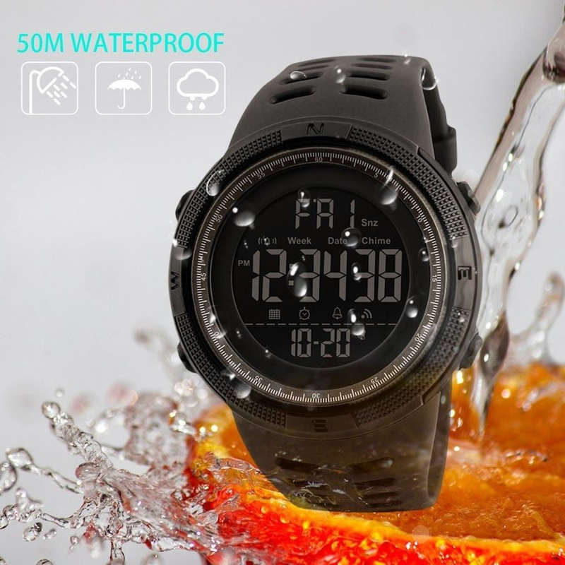 Mens Sport Waterproof Dual Time Watch Alarm Stopwatch - Black