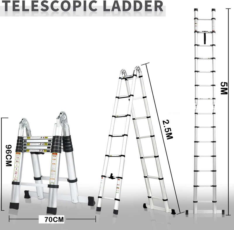 Adjustable Aluminum Ladders, Folding Telescopic Extension (2.5M+2.5M)