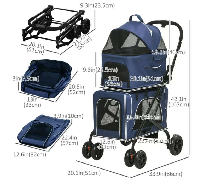 Pet Pram - Detachable Carrier - Pet Stroller - Blue