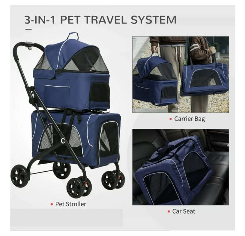 Pet Pram - Detachable Carrier - Pet Stroller - Blue