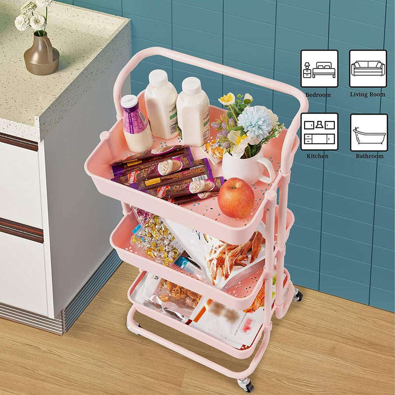 3 Tier Rolling Storage Trolley for Kitchen, Bathroom, Office, Workshop - Pink