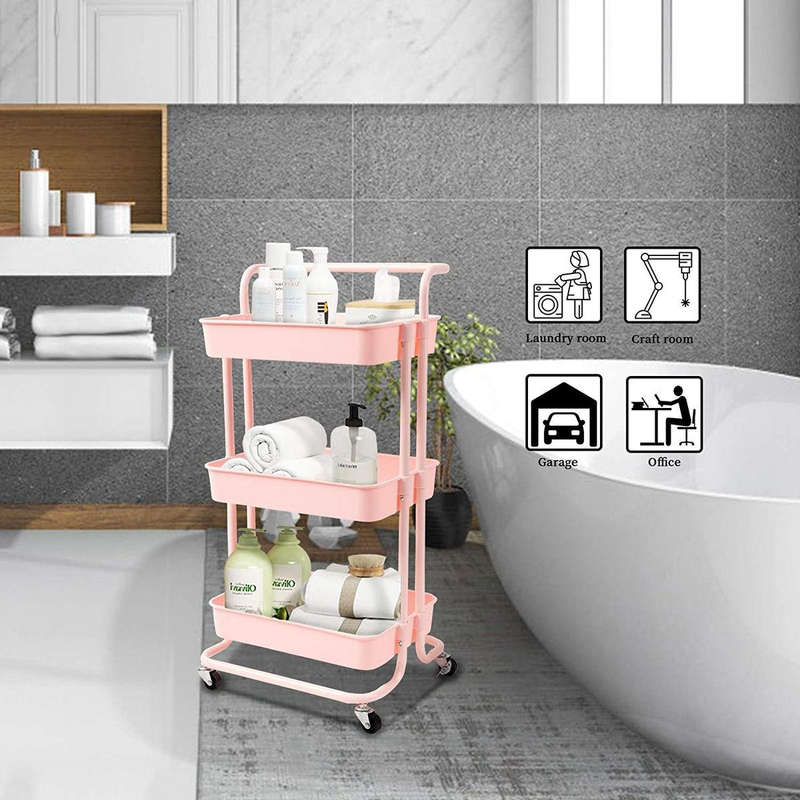 3 Tier Rolling Storage Trolley for Kitchen, Bathroom, Office, Workshop - Pink