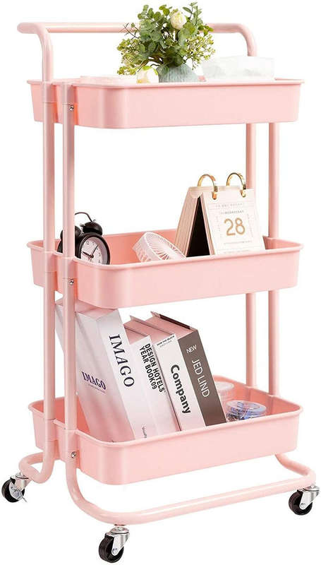 3 Tier Rolling Storage Trolley for Kitchen, Bathroom, Office, Workshop - Pink