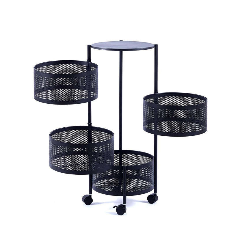 Metal Storage Shelf 4-Tier Fruit Basket Rotating Kitchen Rack with Wheels - Black
