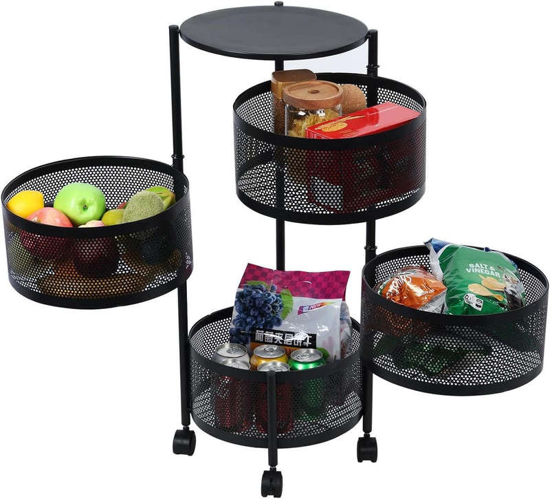 Metal Storage Shelf 4-Tier Fruit Basket Rotating Kitchen Rack with Wheels - Black