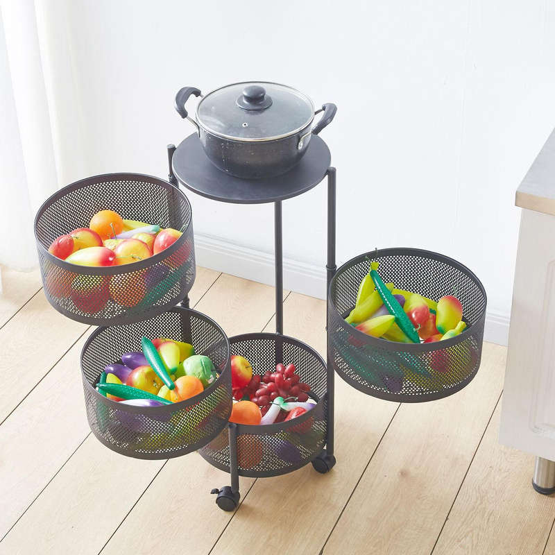 Metal Storage Shelf 4-Tier Fruit Basket Rotating Kitchen Rack with Wheels - Black