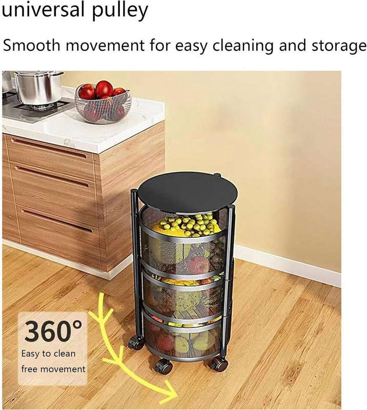 Metal Storage Shelf 4-Tier Fruit Basket Rotating Kitchen Rack with Wheels - Black