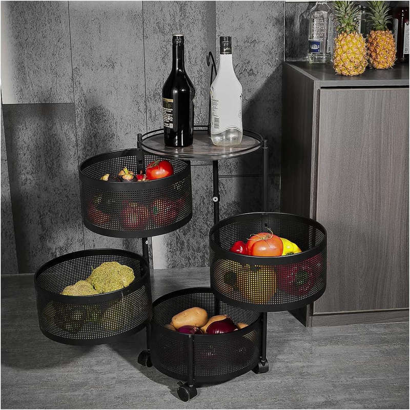 Metal Storage Shelf 4-Tier Fruit Basket Rotating Kitchen Rack with Wheels - Black