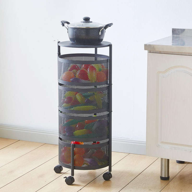 Metal Storage Shelf 4-Tier Fruit Basket Rotating Kitchen Rack with Wheels - Black