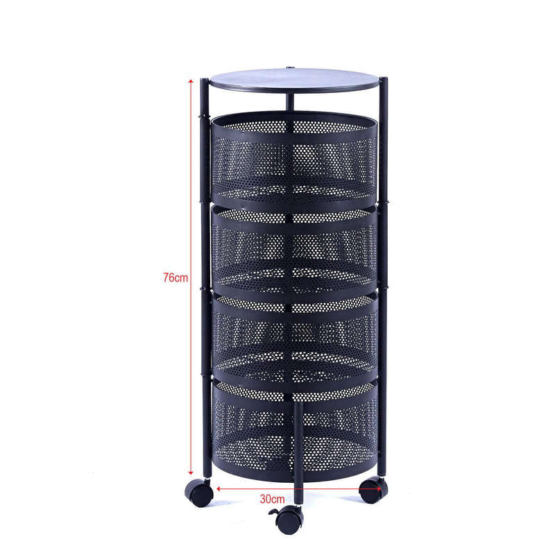 Metal Storage Shelf 4-Tier Fruit Basket Rotating Kitchen Rack with Wheels - Black