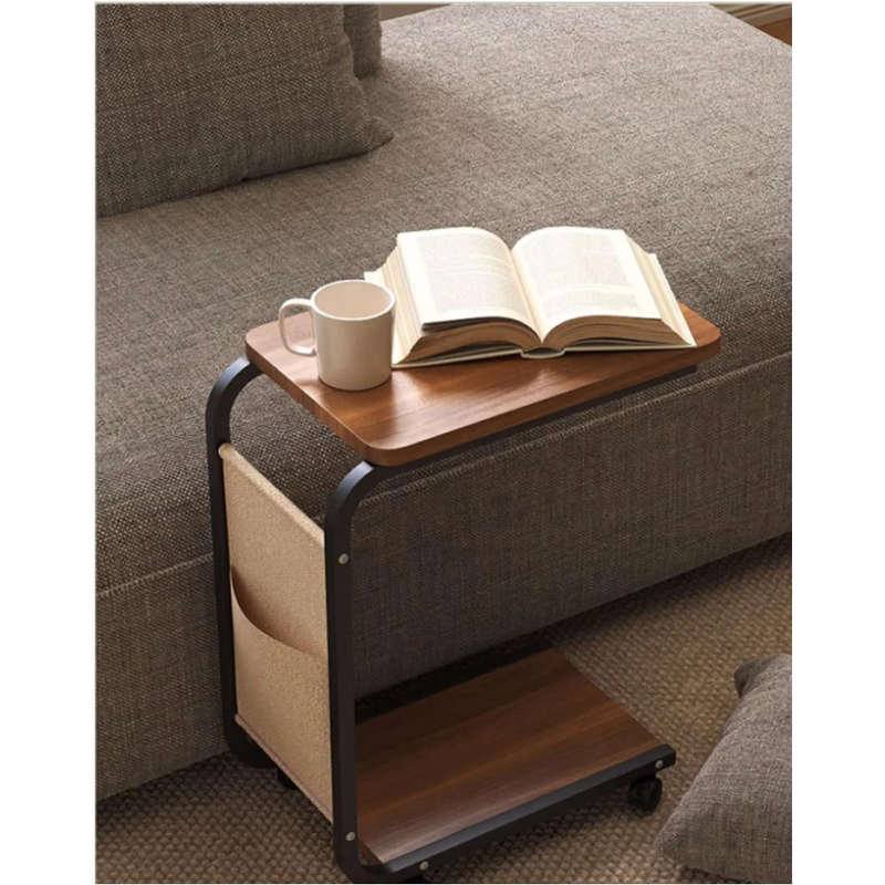 Multi-Functional C-Shaped End Bedside Table with 4 Wheels - Brown
