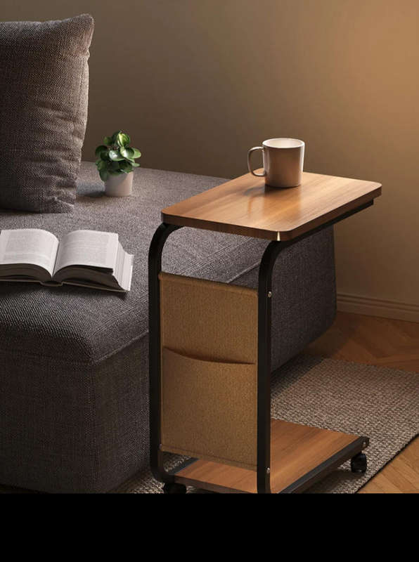Multi-Functional C-Shaped End Bedside Table with 4 Wheels - Brown