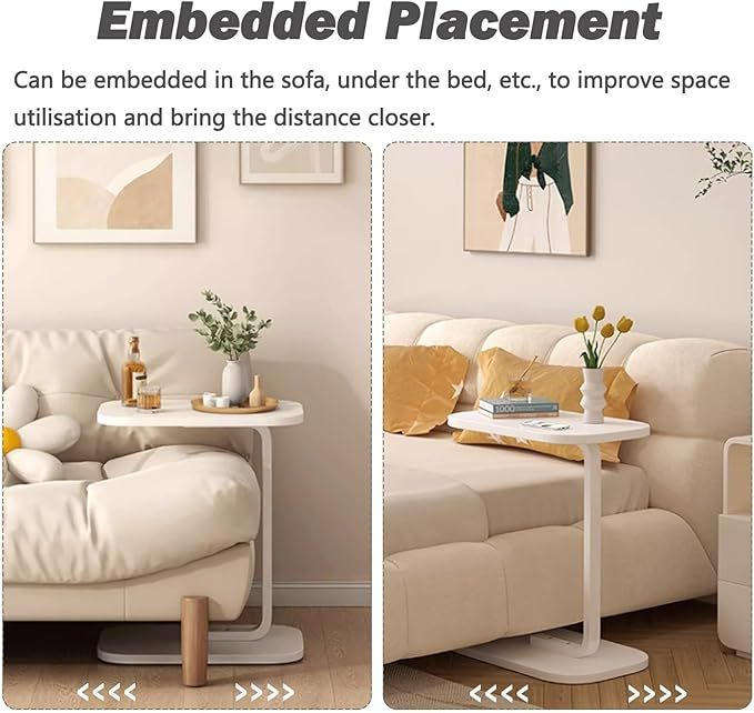 C-shaped Side Table Accent Table, Wood Desktop End Table - White