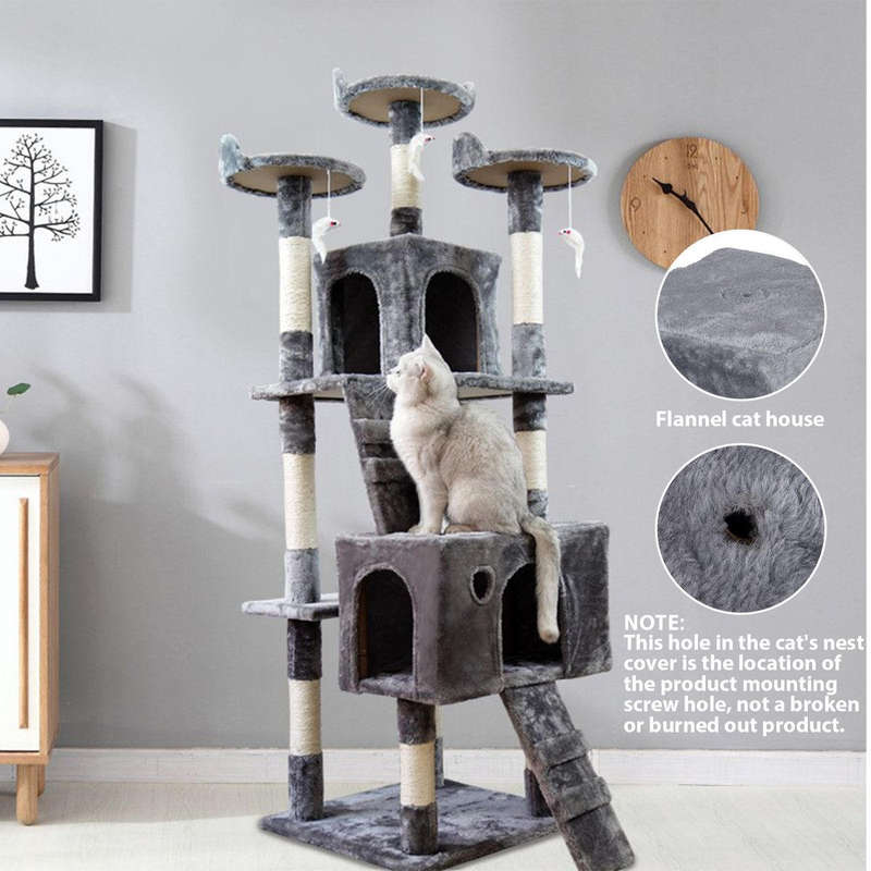 Heavy-Duty Cat Tree House Tower Scratching Post - 3 Viewing Platform - 170cm Grey