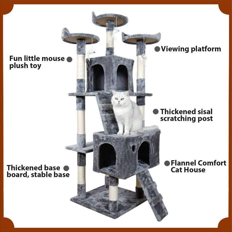 Heavy-Duty Cat Tree House Tower Scratching Post - 3 Viewing Platform - 170cm Grey