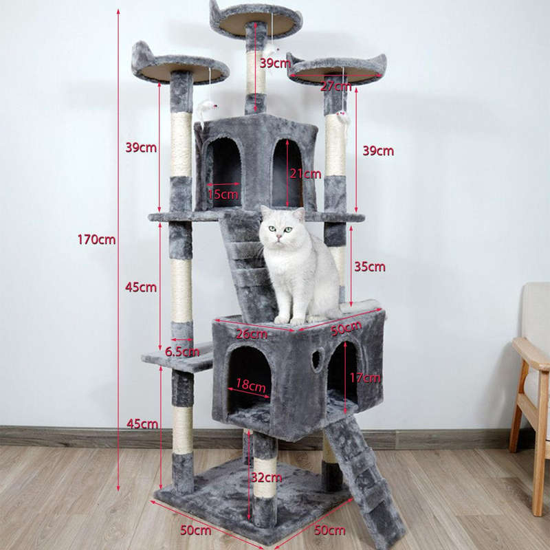 Heavy-Duty Cat Tree House Tower Scratching Post - 3 Viewing Platform - 170cm Grey