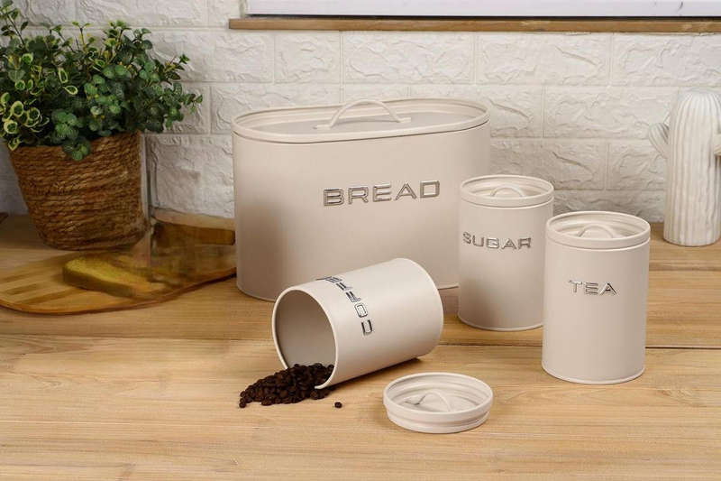 Royal Homeware 4pc Breadbin and Canister set - 3D Letter Design - OFF-WHITE