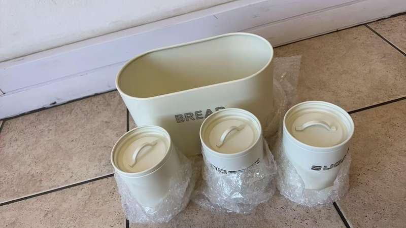 Royal Homeware 4pc Breadbin and Canister set - 3D Letter Design - OFF-WHITE