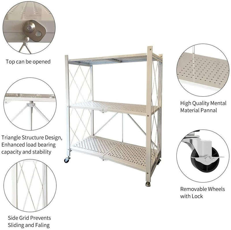 Metal 3 Tier Foldable Storage Shelve Home Storage Rack With Wheels - White