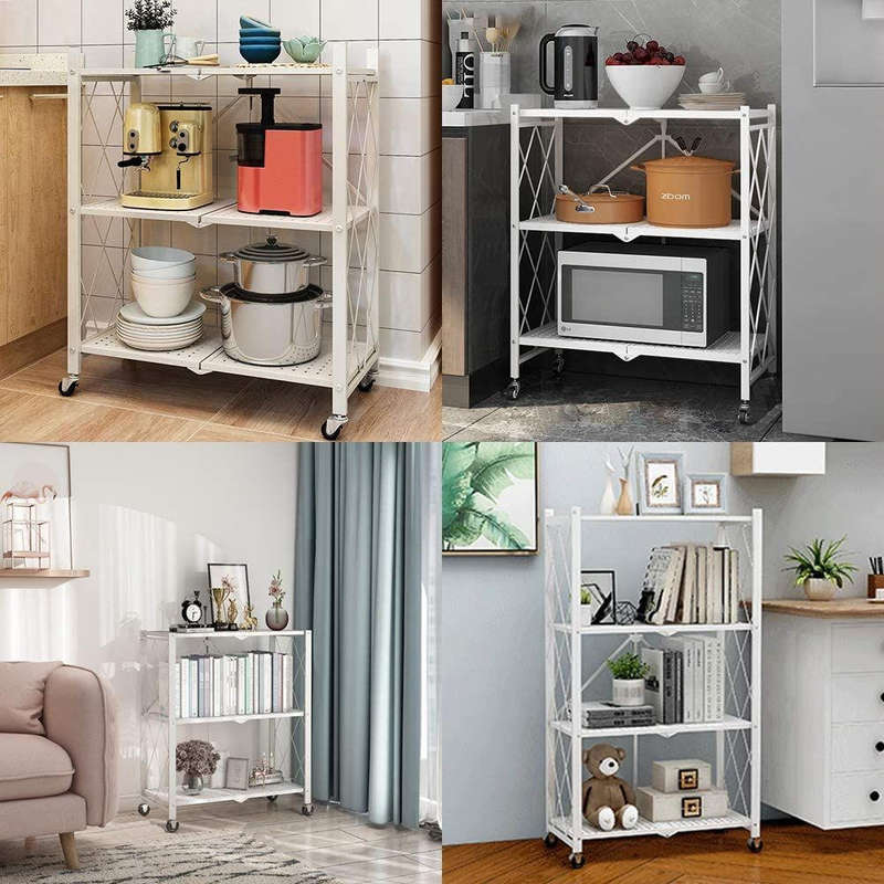 Metal 3 Tier Foldable Storage Shelve Home Storage Rack With Wheels - White