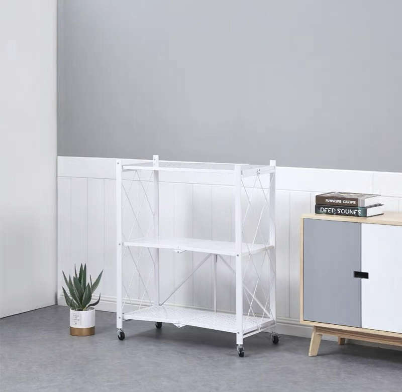 Metal 3 Tier Foldable Storage Shelve Home Storage Rack With Wheels - White