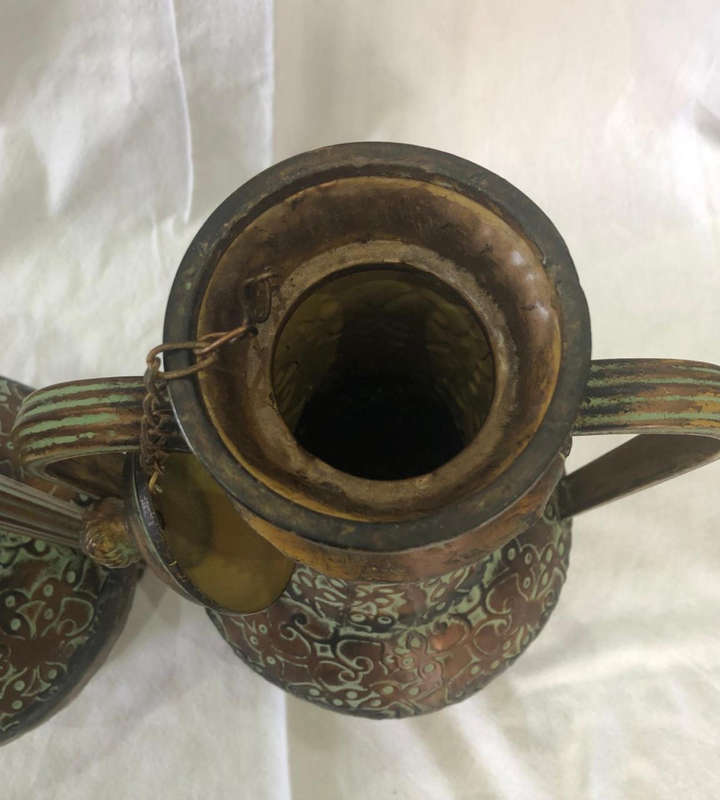 Pair of Large Persian Tin Ewers  Golden Bronze with Patina | 53cm Ornate Decorative Set