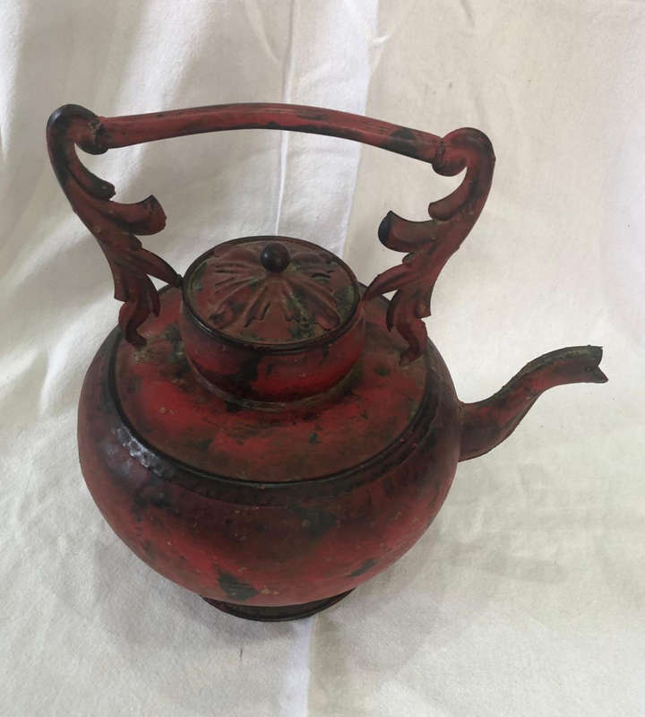 Rustic Ornate Vintage Teapot  42cm Tall Hand-Painted Decorative Kettle