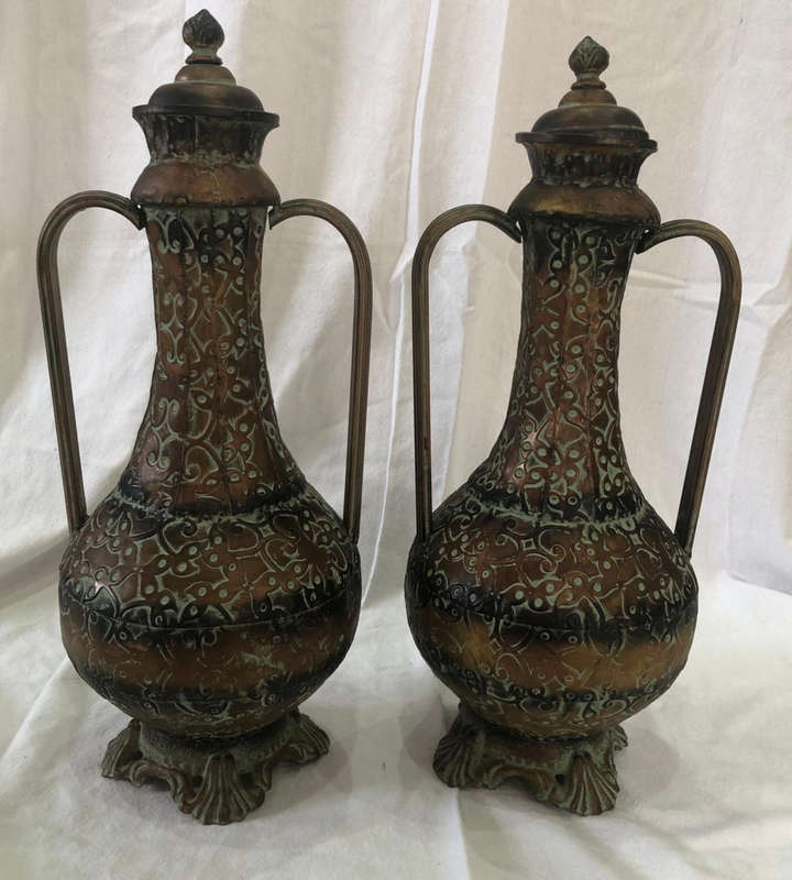 Pair of Large Persian Tin Ewers  Golden Bronze with Patina | 53cm Ornate Decorative Set
