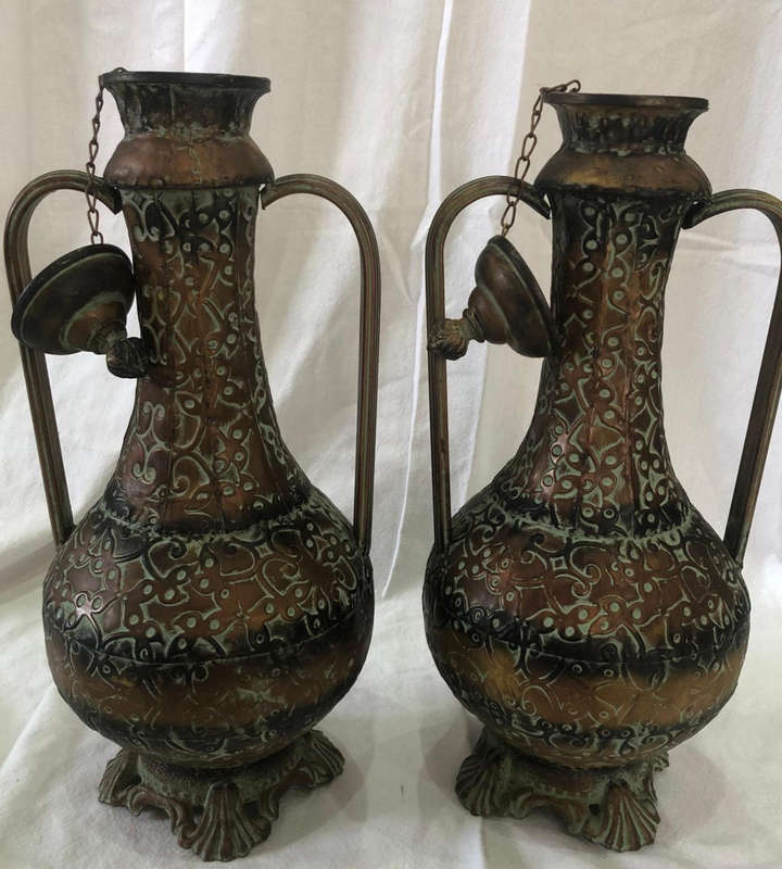 Pair of Large Persian Tin Ewers  Golden Bronze with Patina | 53cm Ornate Decorative Set