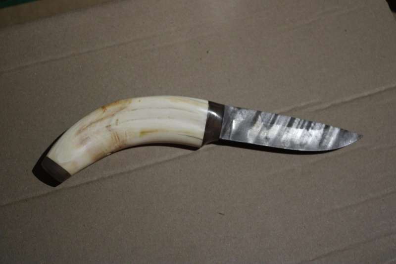 BEAUTIFUL HANDMADE HUNTING KNIFE WITH WARTHOGG HANDLE IN LEATHER POUCH
