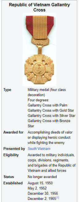 Republic of Vietnam Gallantry Cross, Military decoration for acts of valor or heroism in combat