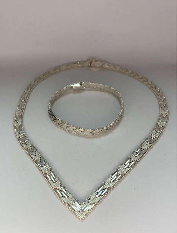 Woman's Italian Woven Beaded Chevron V Taper Sterling Silver 925 Necklace and Bracelet Set