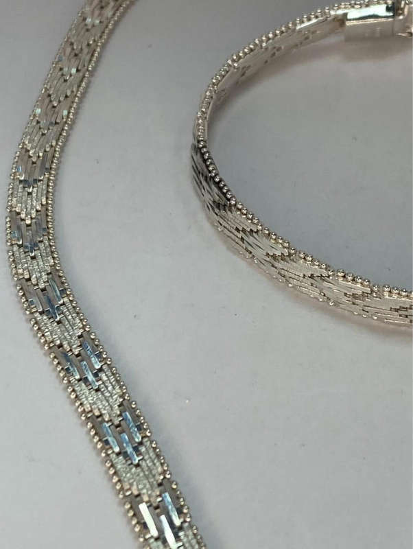Woman's Italian Woven Beaded Chevron V Taper Sterling Silver 925 Necklace and Bracelet Set