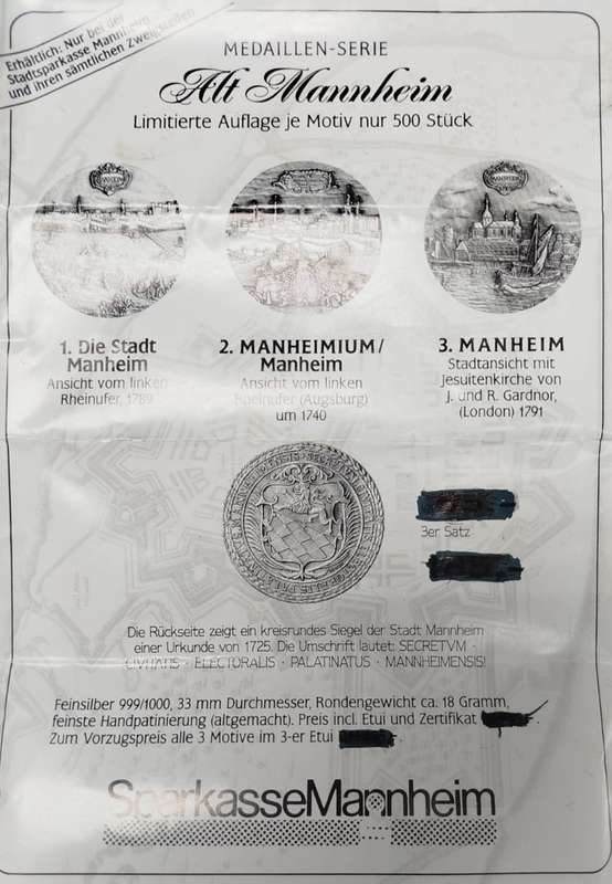 Alt Mannheim Medaillen-Serie  Limited Edition 3 Silver Medals in Original Case (999 Silver)