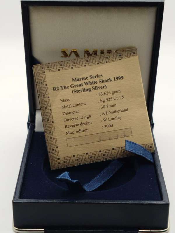  1999 R2 Great White Shark  Marine Series Proof Coin | SA Mint | Box + COA | 92.5% Silver  Rare