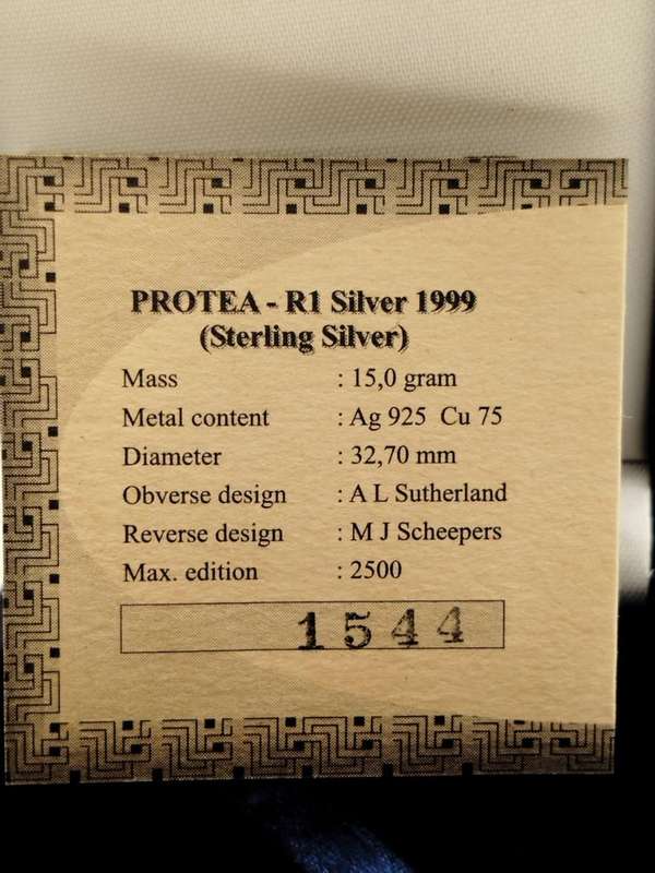  1999 R1 Silver Protea  Mining Heritage | SA Mint | Proof Coin | Box + COA | Only 2,500 Minted!