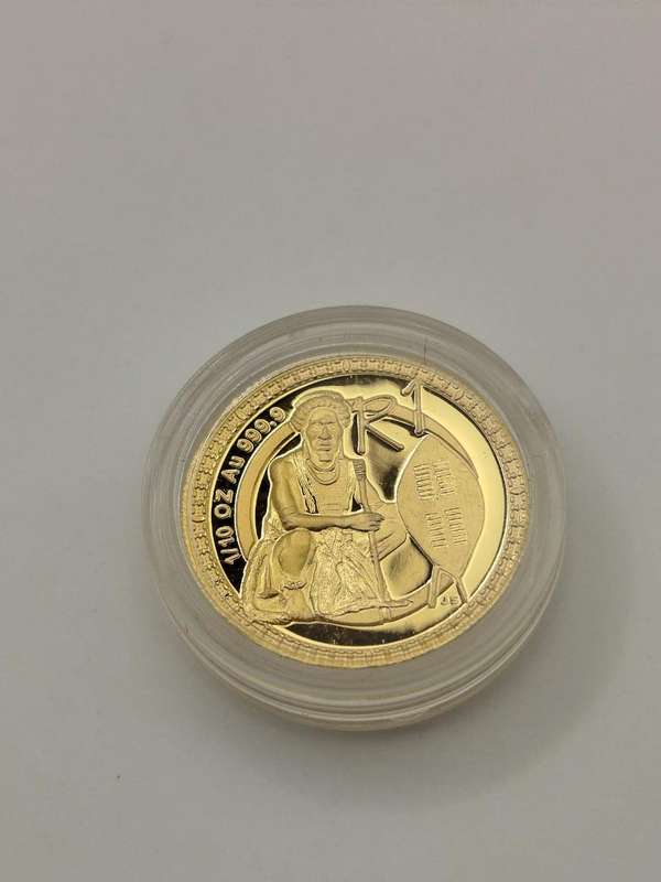  1999 R1 Gold Zulu Warrior Proof Coin  Cultural Series  24 Carat  COA & Box  RARE Limited Mi