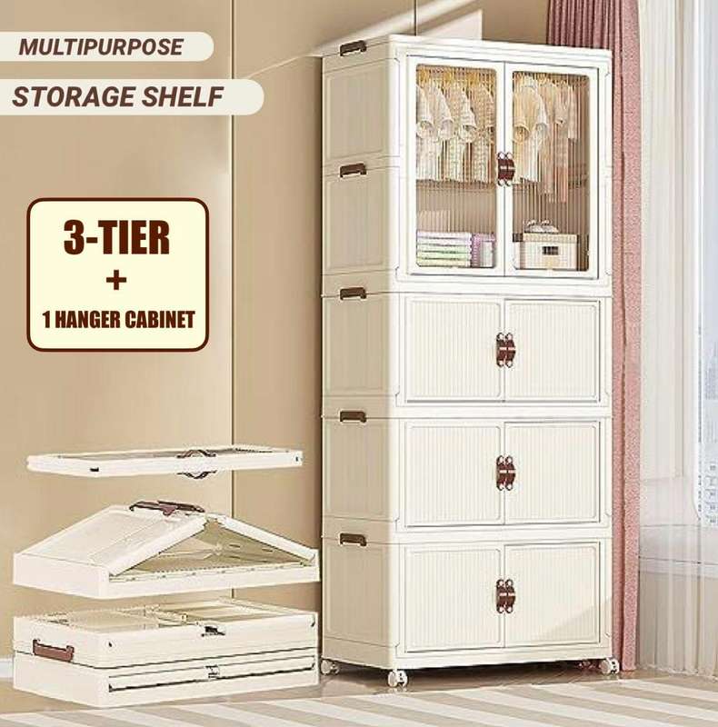 MULTIPURPOSE COLLAPSIBLE STORAGE CABINET  3-TIER+HANGER CABINET