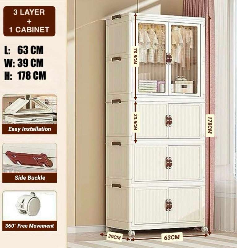 MULTIPURPOSE COLLAPSIBLE STORAGE CABINET  3-TIER+HANGER CABINET