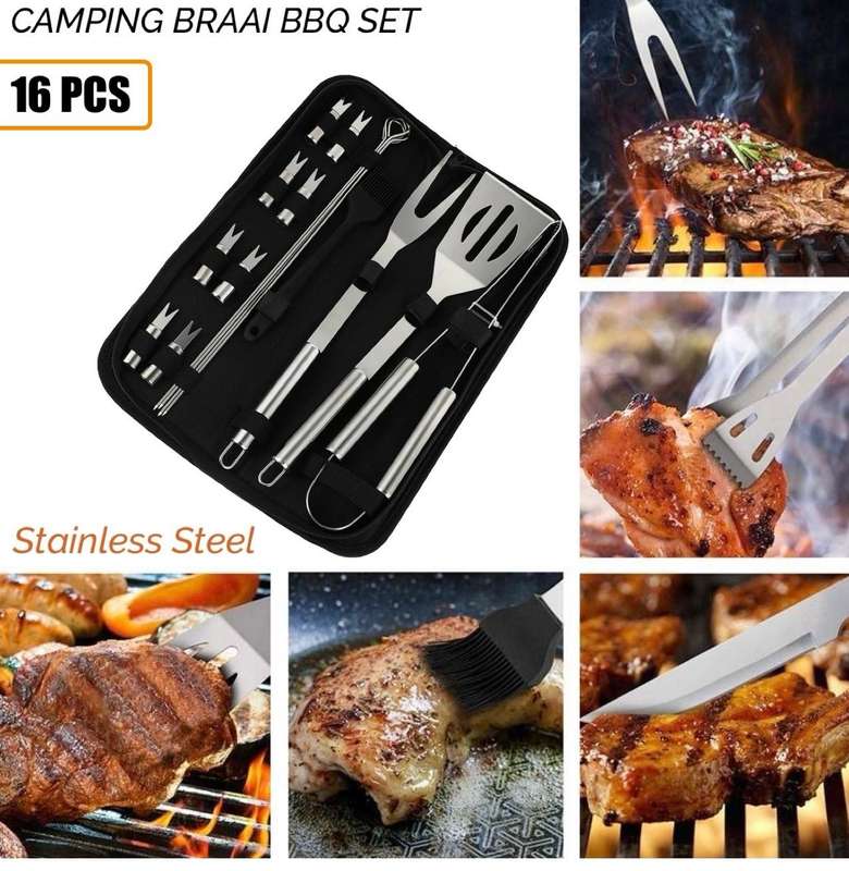 CAMPING BRAAI BBQ SET  STAINLESS STEEL  16 PCS