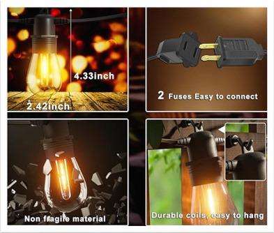 5m 220V LED Outdoor String Lights Warm White, 10 x Hanging Sockets