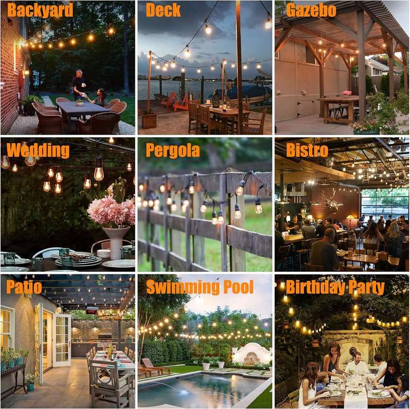5m 220V LED Outdoor String Lights Warm White, 10 x Hanging Sockets