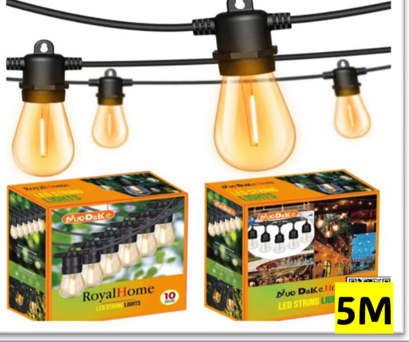 5m 220V LED Outdoor String Lights Warm White, 10 x Hanging Sockets