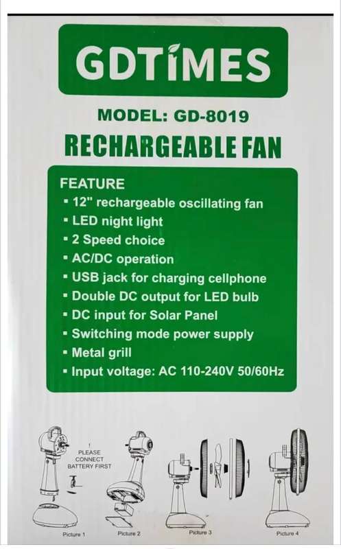 GD Times Rechargeable Solar Fan with LED Lights