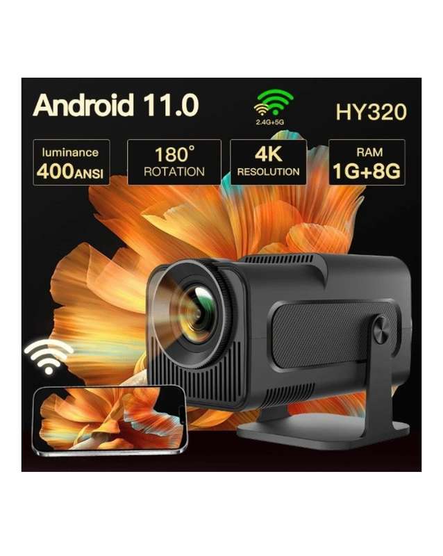 HY320 - 4K Android 11 Multi-Use Projector With 180 Degree Rotation - Black