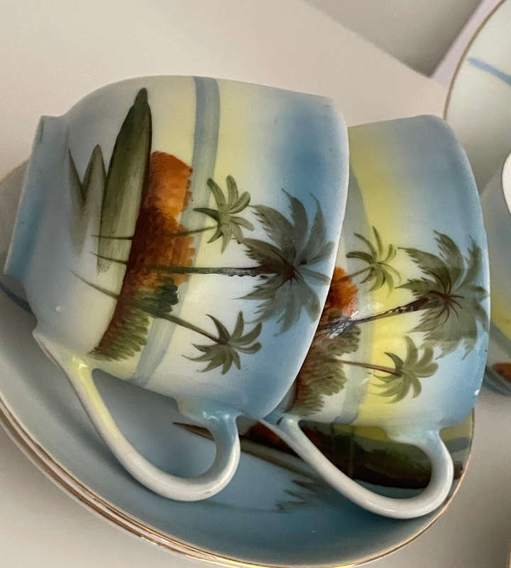 Set of 5 Vintage Chikaramachi Japan Eggshell Porcelain Tea Cups & Saucers  Hand-Painted 1920-1940's