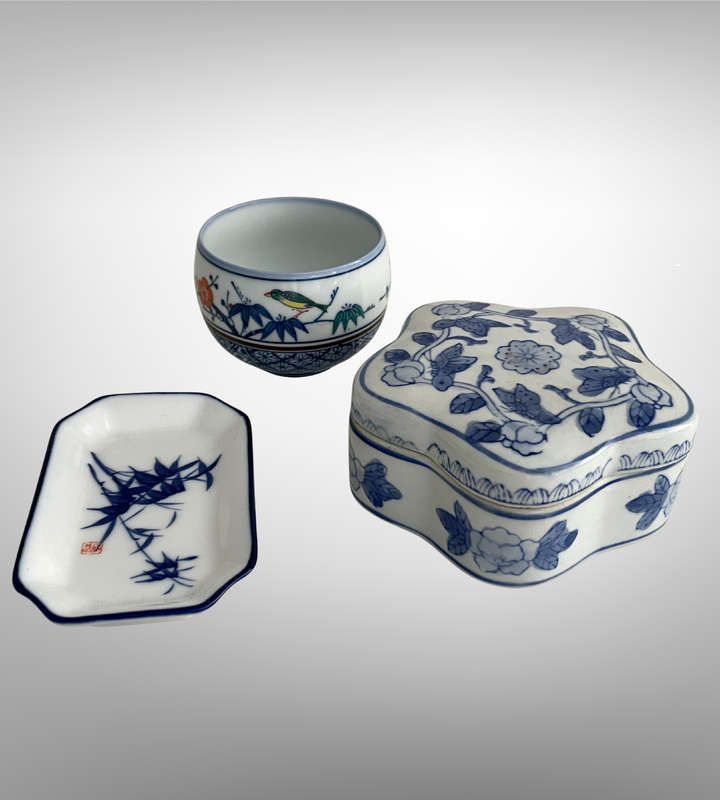 3-Piece Oriental Blue & White Porcelain Set  Arita Ware Tea Cup, Chinese Jewelry Box & Tianning Dis